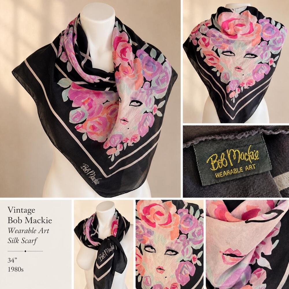 Vintage Bob Mackie Wearable Art Silk Scarf 34" Black Rose Face Floral 1980s